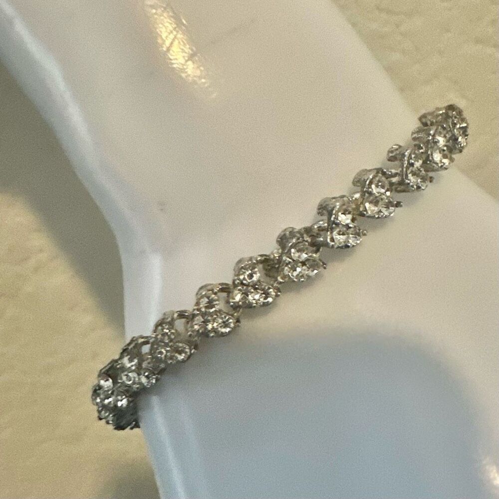 Silver-Tone Heart Link Rhinestone Tennis Bracelet